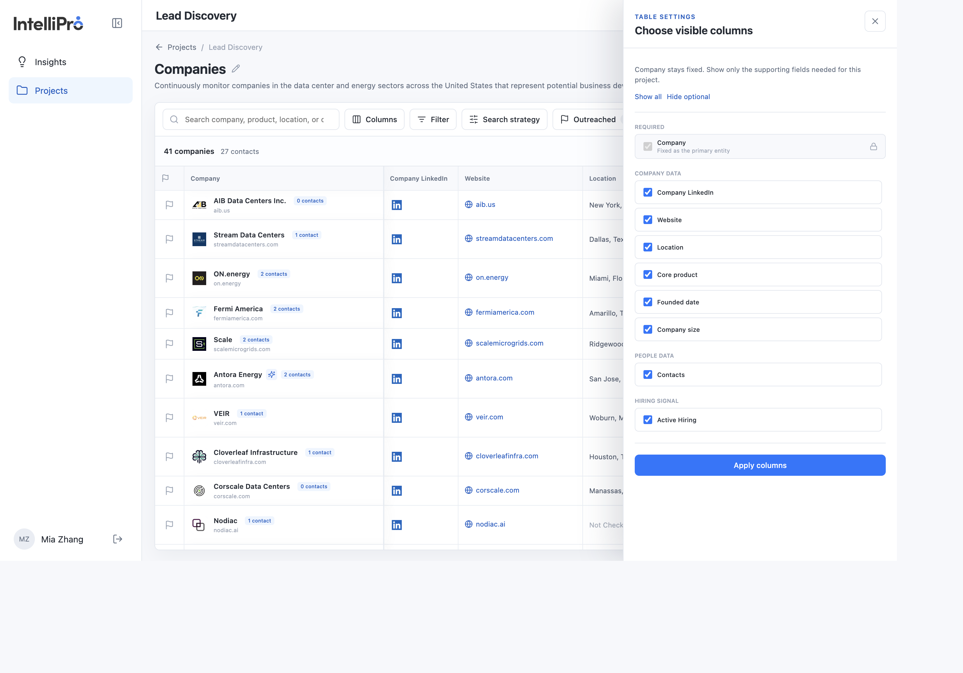Choose visible columns panel with Company fixed and the other fields checked
