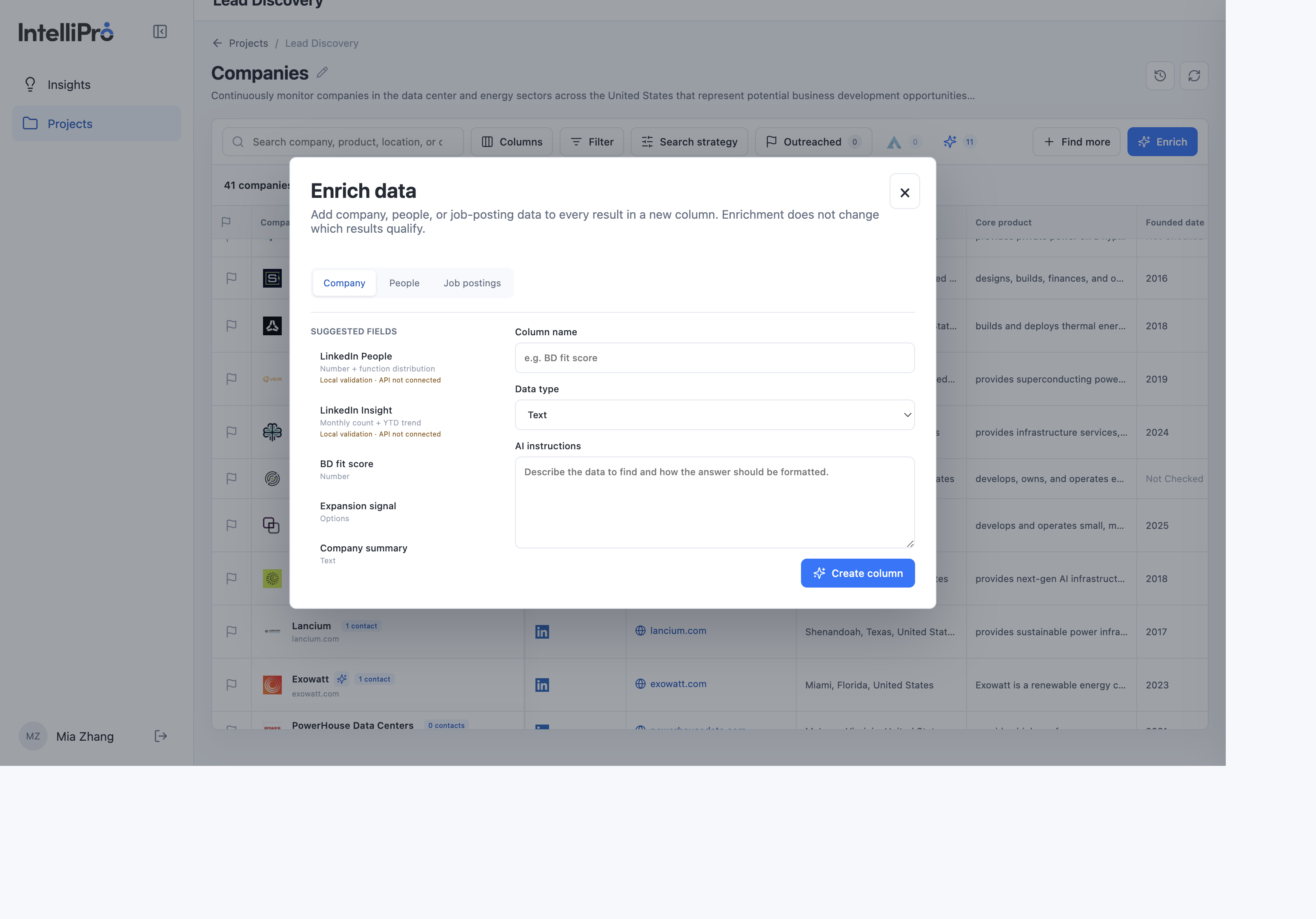 Enrich data dialog with column name, data type, and AI instructions