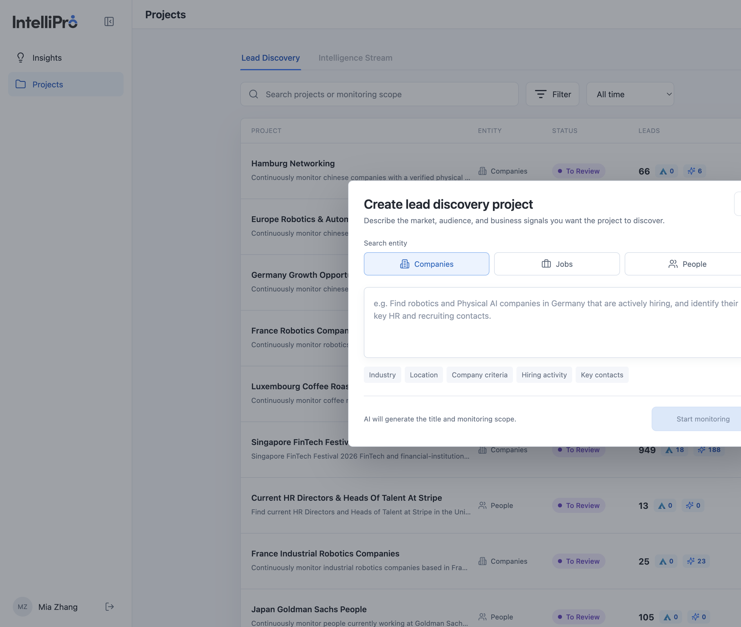 Create lead discovery project dialog with Companies, Jobs, and People