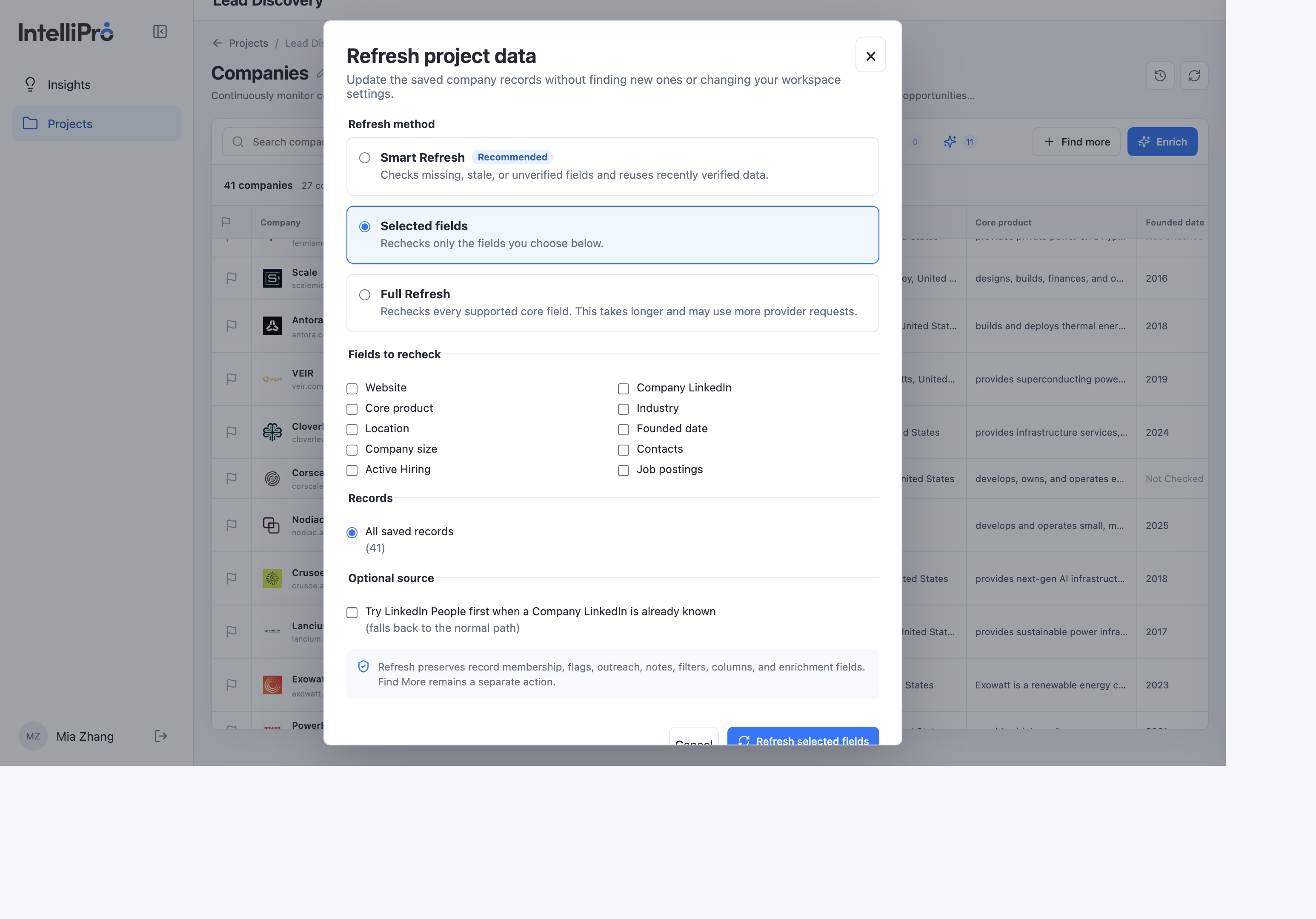 Refresh dialog with Selected fields chosen and the field checklist open