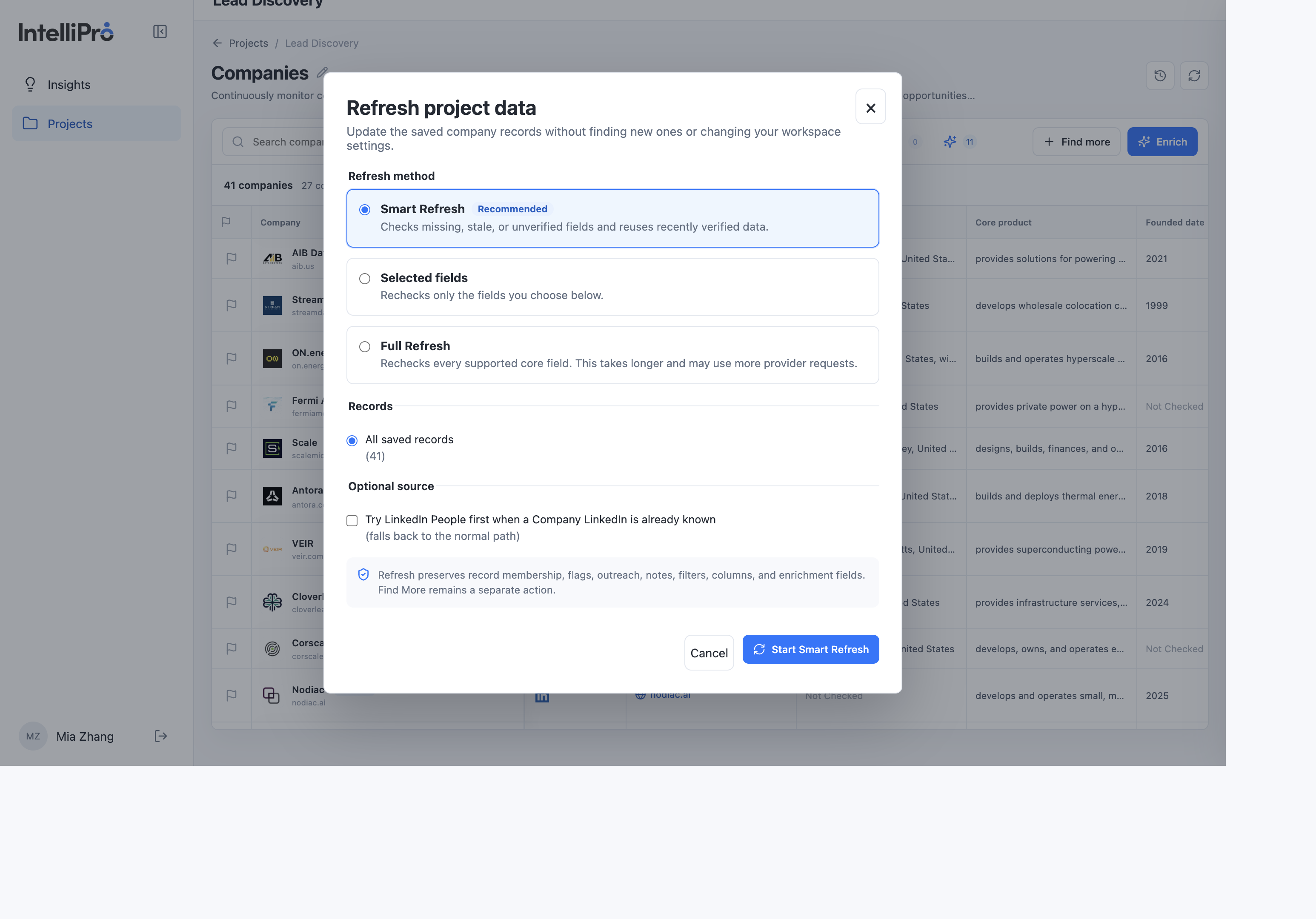 Refresh project data dialog with Smart Refresh selected