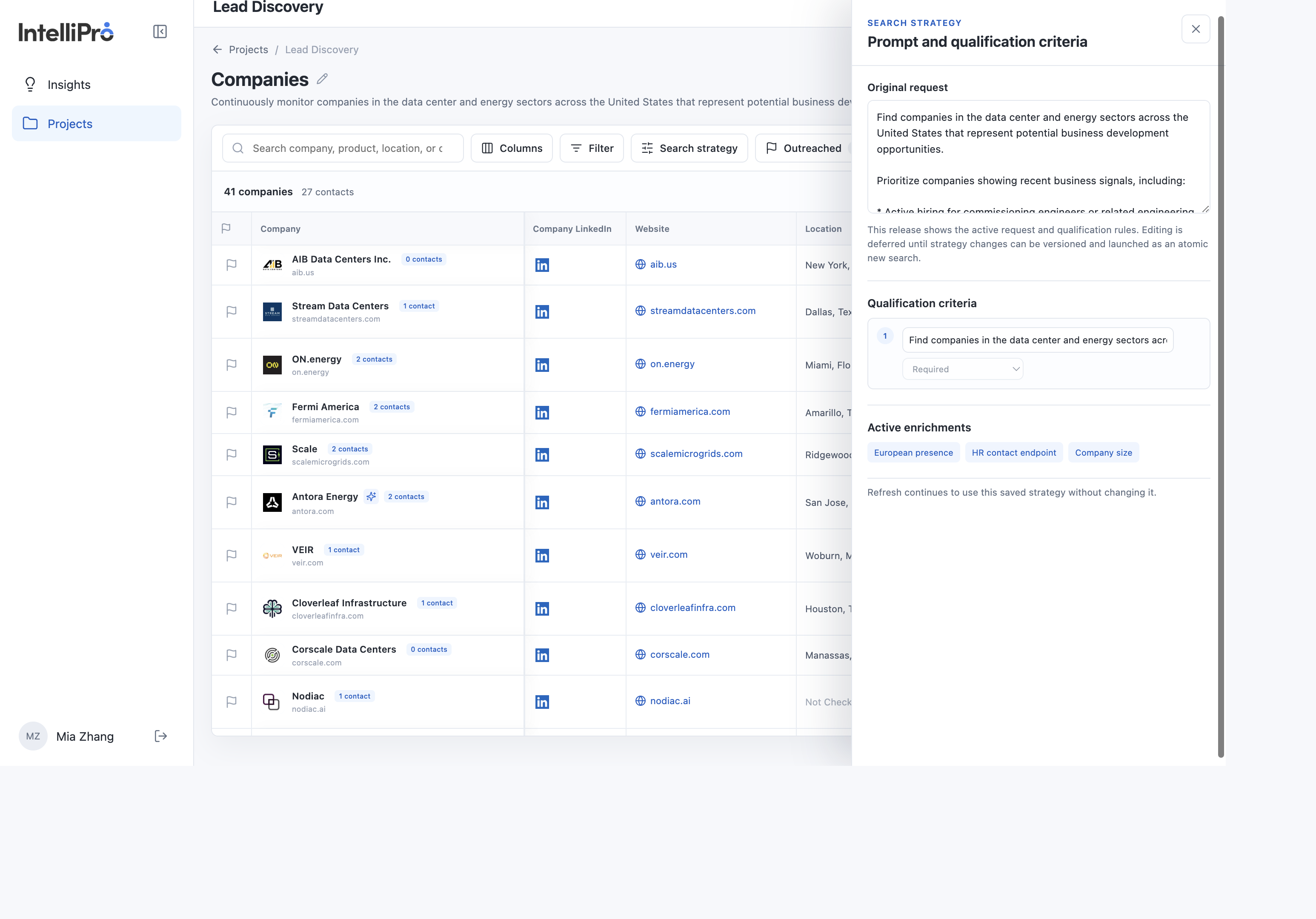 Search strategy drawer showing the original request and read-only qualification criteria